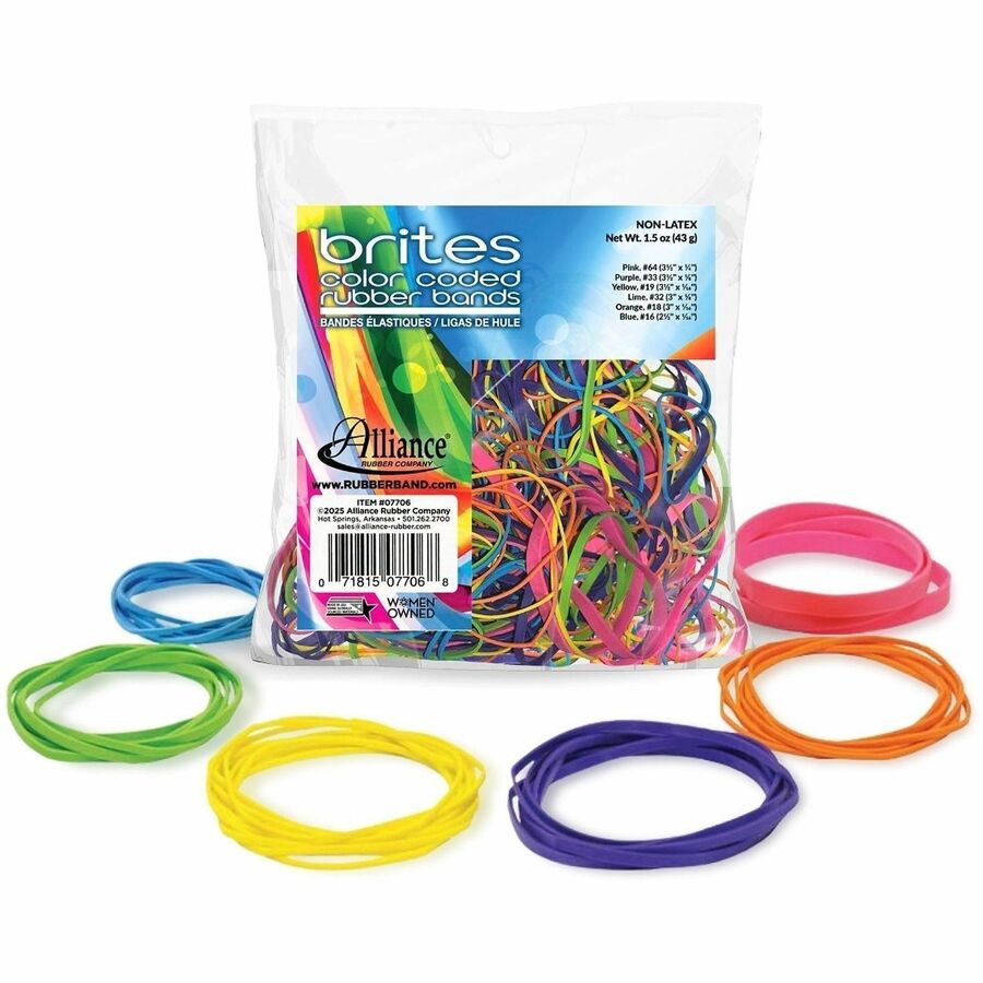 Alliance Rubber Brites Color-Coded Rubber Bands - Size: #16, #18, #19, #32, #33, #64 - Reusable, Elastic, Stretchable, Latex-free, Freezer Safe, Microwave Safe, Durable - Pink, Blue, Orange, Lime, Purple, Yellow - 1 Box
