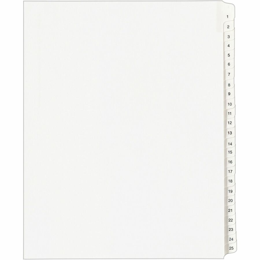 Avery&reg, Collated Legal Exhibit Dividers - Allstate Style - 25 x Divider(s) - Printed Tab(s) - Digit - 1-25 - 25 Tab(s)/Set - 8.5" Divider Width x 11" Divider Length - Letter - White Paper Divider - White Tab(s) - 20% - Reinforced Tab, Rip Proof, Unp...