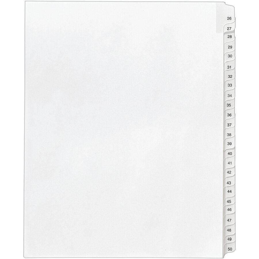Avery&reg, Collated Legal Exhibit Dividers - Allstate Style - 25 x Divider(s) - Printed Tab(s) - Digit - 26-50 - 25 Tab(s)/Set - 8.5" Divider Width x 11" Divider Length - Letter - White Paper Divider - White Tab(s) - 20% - Reinforced Tab, Rip Proof, Un...