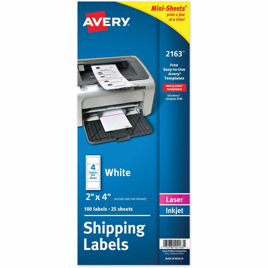 Avery Mini-Sheets(R) Shipping Labels, 2" x 4" , 100 Labels (2163) - x 2" Width x 4" Length - Full Sheet - Permanent Adhesive - Rectangle - Laser, Inkjet - Matte - White - Paper - 4 / Sheet - 25 Total Sheets - 100 Total Label(s) - For Label Printer - 10...