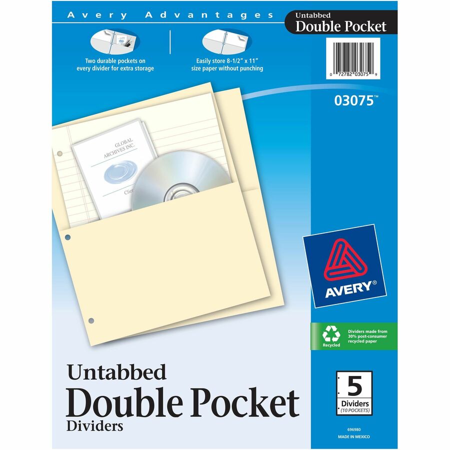 Avery&reg, Untabbed Double Pocket Dividers - 11.1" Height x 9.3" Width - 2 x Pockets Capacity - For Letter 8 1/2" x 11" Sheet - Ring Binder - Rectangular - Buff - 5 / Pack