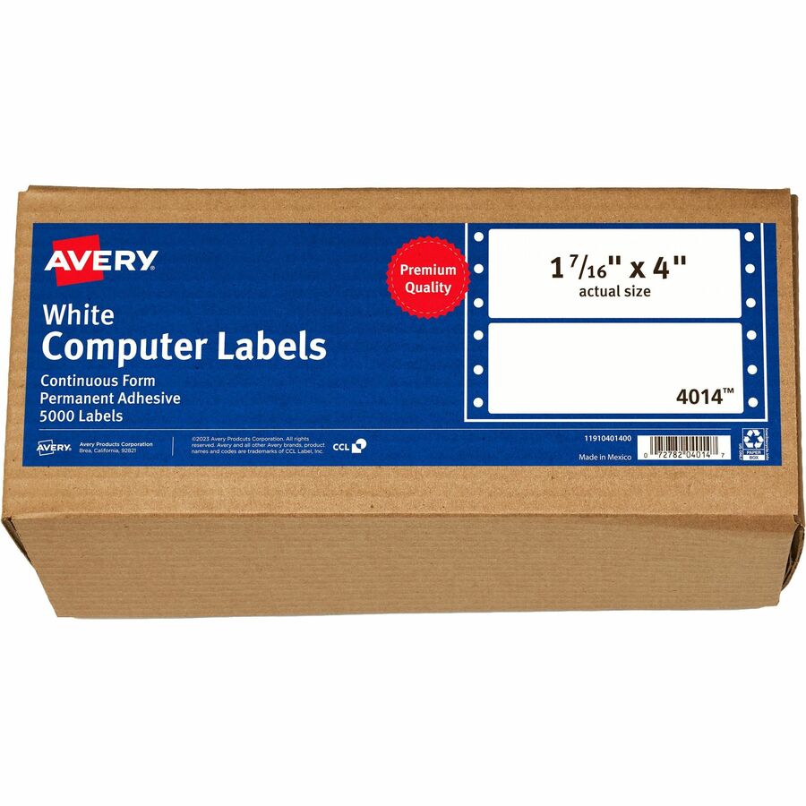 Avery&reg, Address Label - 1 7/16" Width x 4" Length - Permanent Adhesive - Dot Matrix - White - 1 / Sheet - 5000 Total Label(s) - 5000 / Box