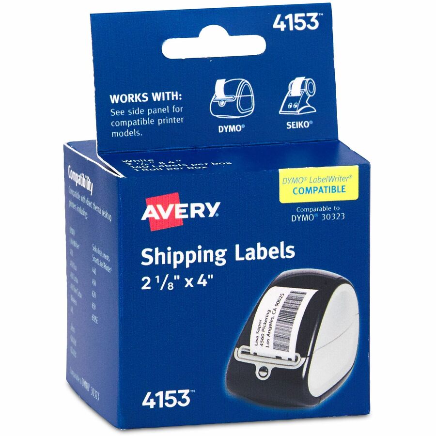 Avery&reg, Thermal Roll Labels 2-1/8"x4" , 140 Shipping Labels-1 Roll (4153) - 4" Width x 2 1/8" Length - Permanent Adhesive - Rectangle - Direct Thermal - Bright White - Paper - Water Resistant - 140 / Sheet - 140 / Roll - 1 Total Sheets - 140 Total L...
