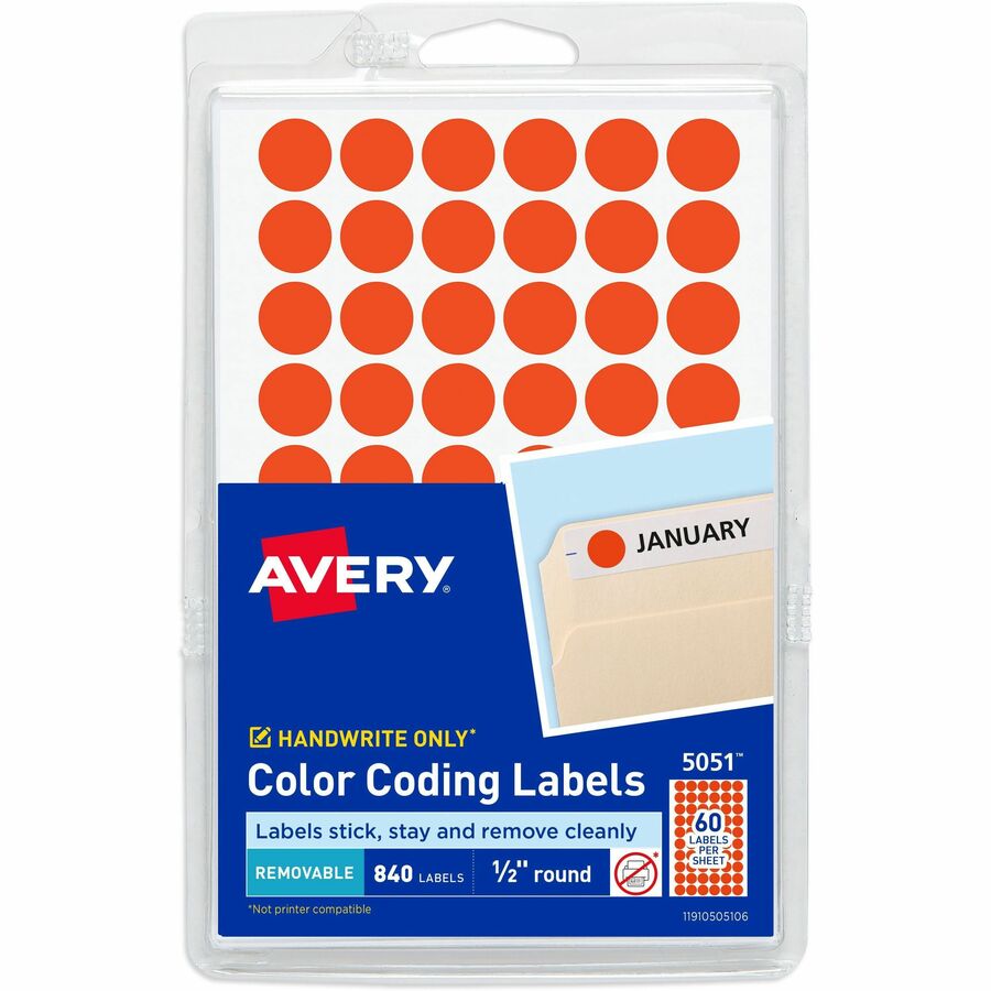 Avery&reg, Color-Coding Labels - 1/2" Diameter - Removable Adhesive - Round - Red - Paper - 60 / Sheet - 840 / Pack