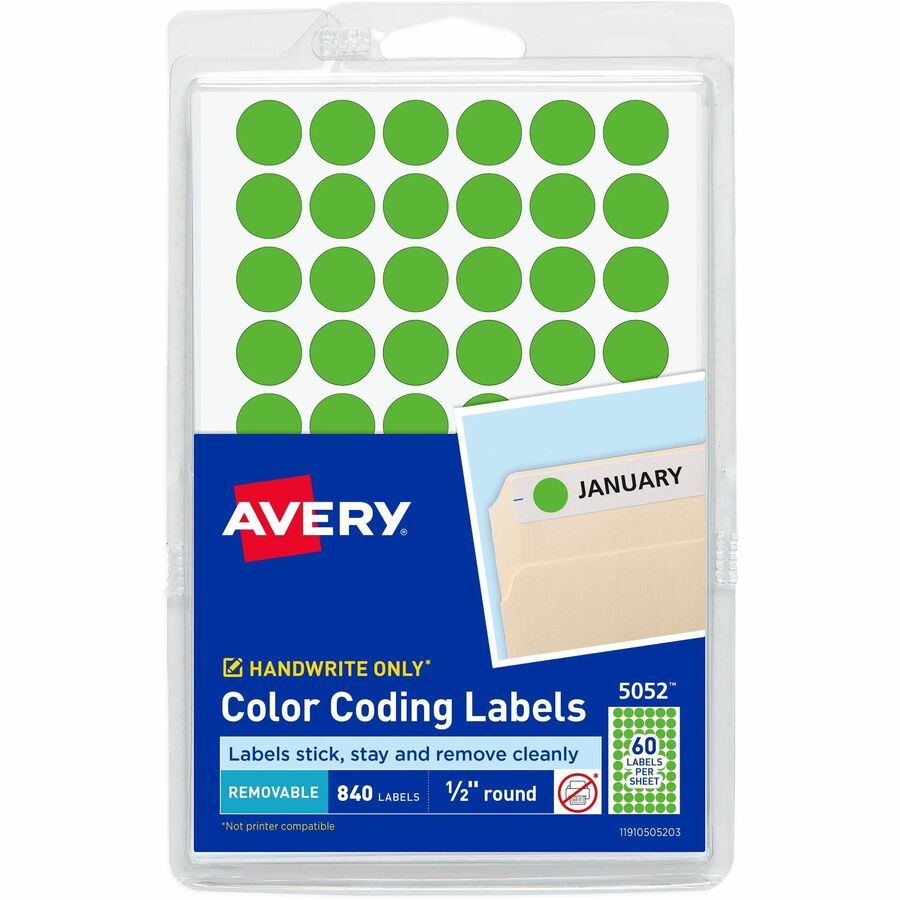 Avery&reg, Color-Coding Labels - 1/2" Diameter - Removable Adhesive - Round - Neon Green - Paper - 60 / Sheet - 840 / Pack