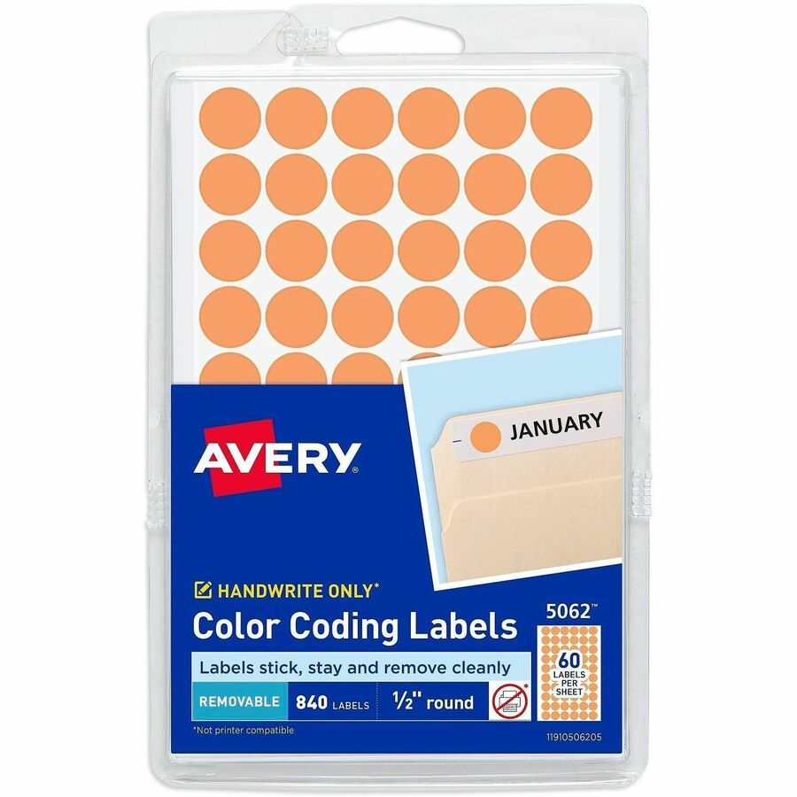Avery&reg, Color-Coding Labels - 1/2" Diameter - Removable Adhesive - Round - Orange - Paper - 60 / Sheet - 840 / Pack