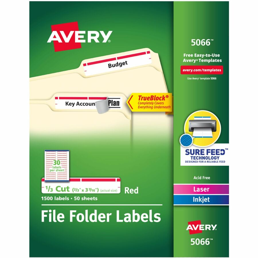 Avery&reg, TrueBlock File Folder Labels - 2/3" Width x 3 7/16" Length - Permanent Adhesive - Rectangle - Inkjet, Laser - Matte - Red - Paper - 30 / Sheet - 50 Total Sheets - 1500 Total Label(s) - 1500 / Box