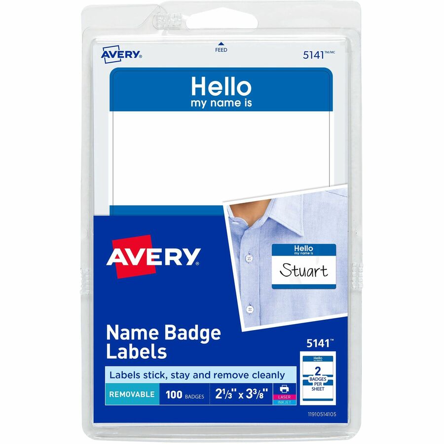 Avery&reg, Border Print/Write Hello Name Badges - Hello My Name Is - 2 21/64" Width x 3 3/8" Length - Removable Adhesive - Rectangle - Inkjet, Laser - Matte - White, Blue - Paper - 2 / Sheet - 50 Total Sheets - 100 Total Label(s) - 100 / Pack