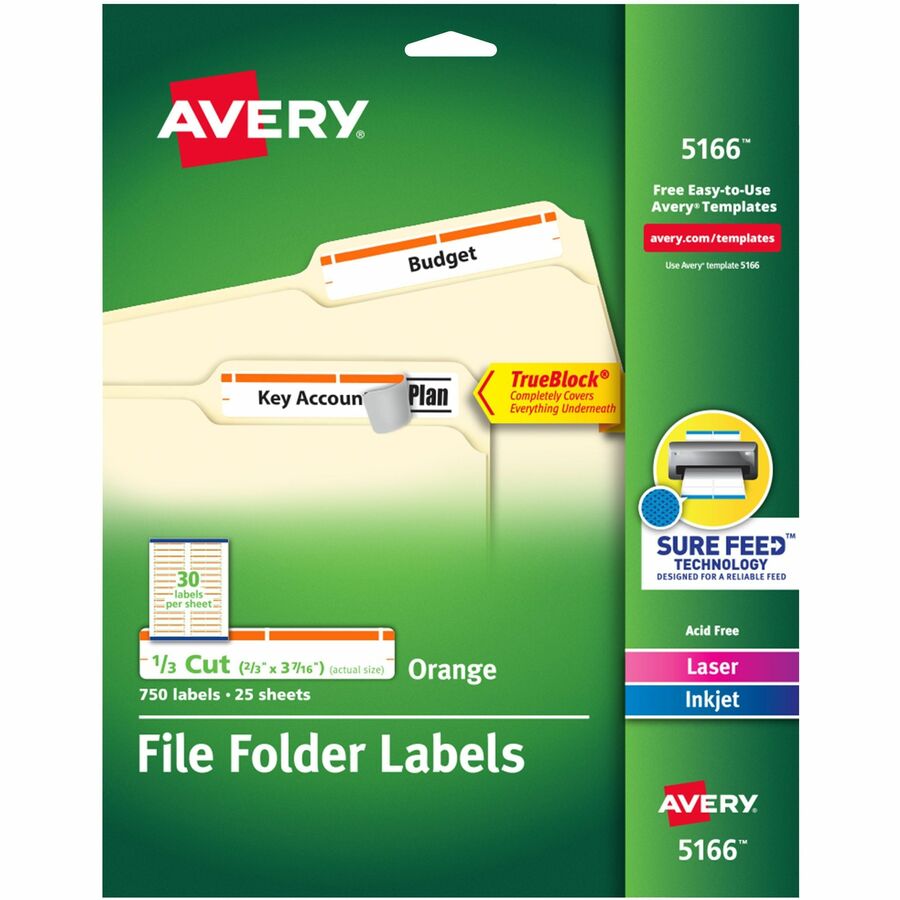 Avery&reg, TrueBlock File Folder Labels - 2/3" Width x 3 7/16" Length - Permanent Adhesive - Rectangle - Inkjet, Laser - Matte - Orange - Paper - 30 / Sheet - 25 Total Sheets - 750 Total Label(s) - 750 / Pack