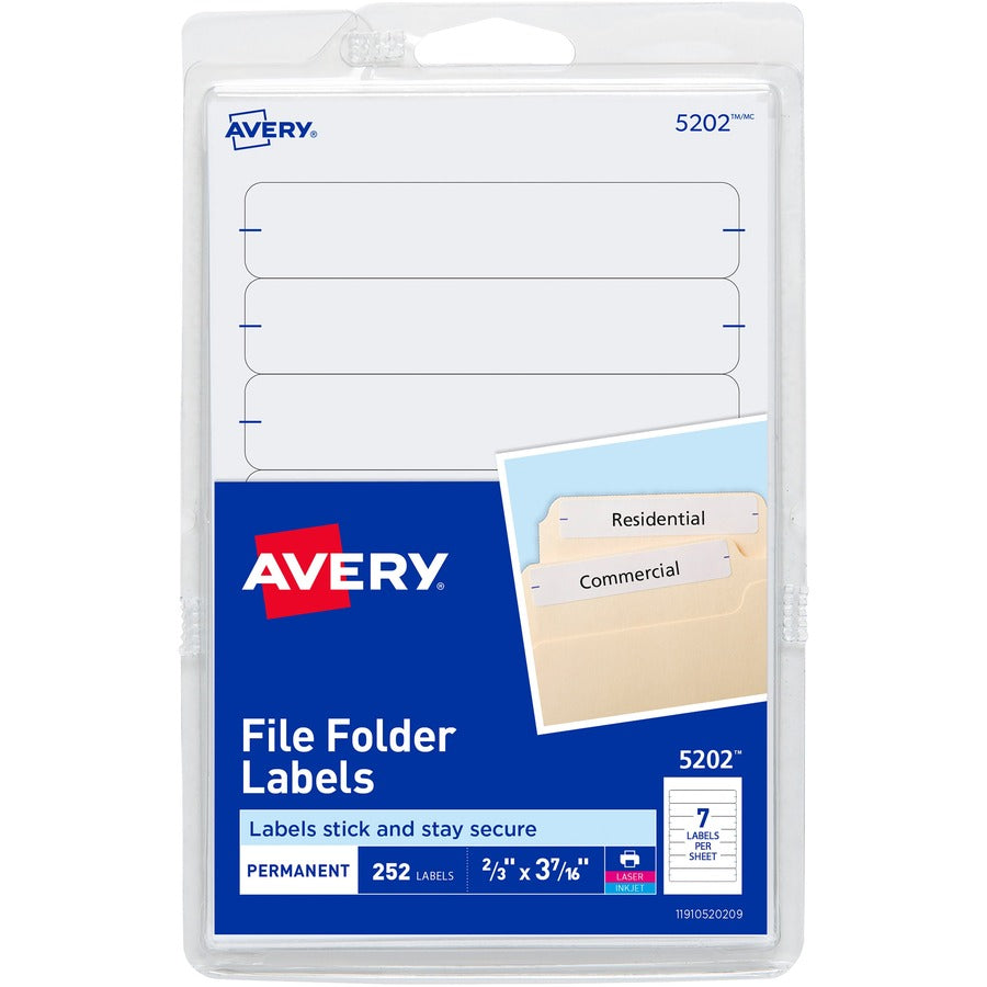 Avery&reg, Permanent File Folder Labels - 11/16" Width x 3 7/16" Length - Permanent Adhesive - Rectangle - Laser, Inkjet - White - 7 / Sheet - 252 / Pack