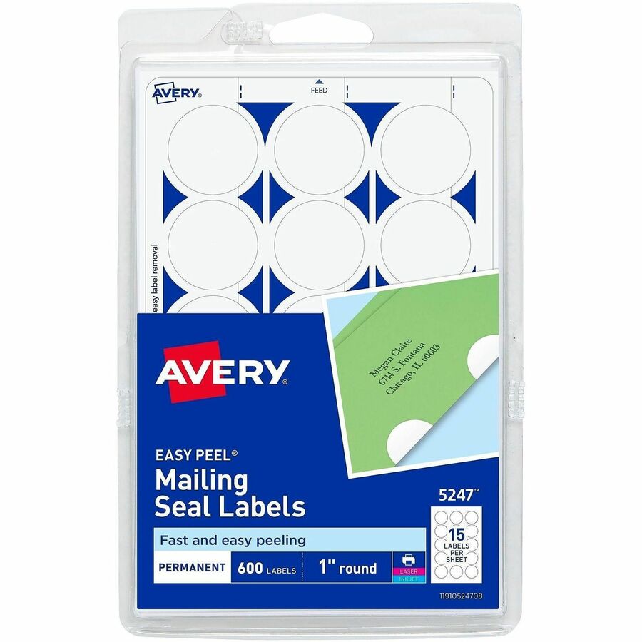 Avery&reg, Mailing Seals, Permanent, 1" Diameter, 600 Labels (5247) - Matte - Permanent Adhesive, Laminated, Moisture Resistant, Water Resistant - White - 600 / Pack
