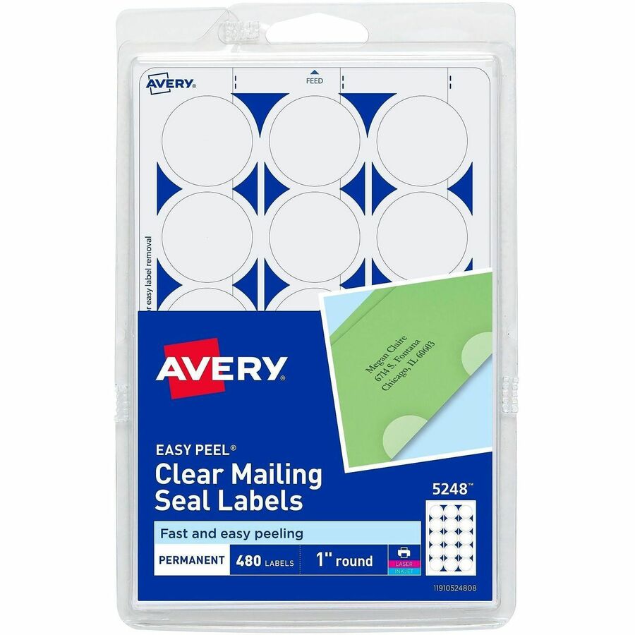Avery&reg, Avery Printable Mailing Seals, Clear, 1" Diameter, 480 Labels (5248) - Glossy - Permanent Adhesive, Laminated, Acid-free, Moisture Resistant, Water Resistant - Clear - 480 / Pack