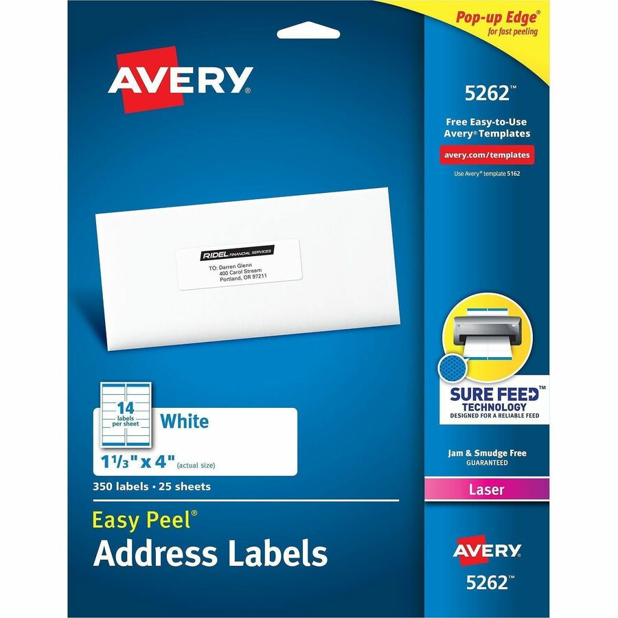 Avery&reg, Easy Peel Address Labels, 1-1/3" x 4" , 350 Labels (5262) - x 1 21/64" Width x 4" Length - Permanent Adhesive - Rectangle - Laser - Matte - White - Paper - 14 / Sheet - 25 Total Sheets - 350 Total Label(s) - For Label Printer - 350 / Pack