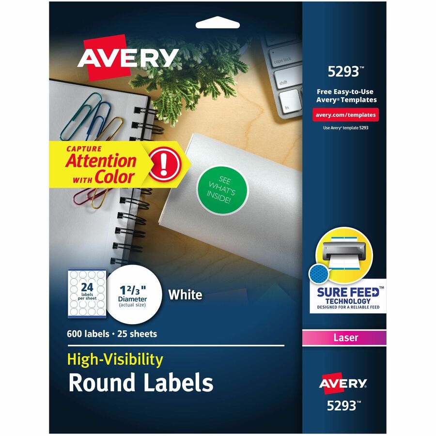 Avery&reg, Round High Visibility Labels - 1 21/32" Diameter - Permanent Adhesive - Round - Laser, Inkjet - White - Paper - 24 / Sheet - 25 Total Sheets - 600 Total Label(s) - 600 / Pack