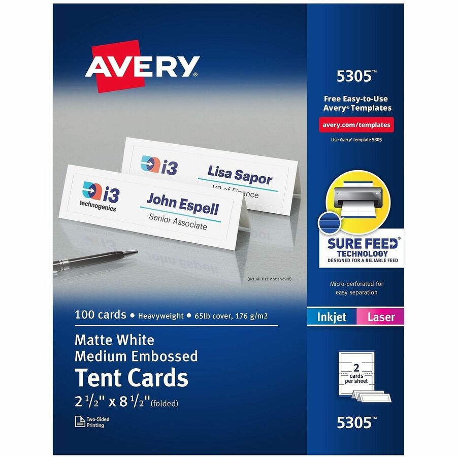 Avery&reg, Tent Cards, 2-1/2" x 8-1/2" , Embossed Border, 100ct (5305) - 97 Brightness - 2 1/2" x 8 1/2" - 65 lb Basis Weight - 176 g/m², Grammage - Matte, Embossed - Heat Resistant, Heavyweight, Rounded Corner, Smudge-free, Jam-free, Embossed, Pri...