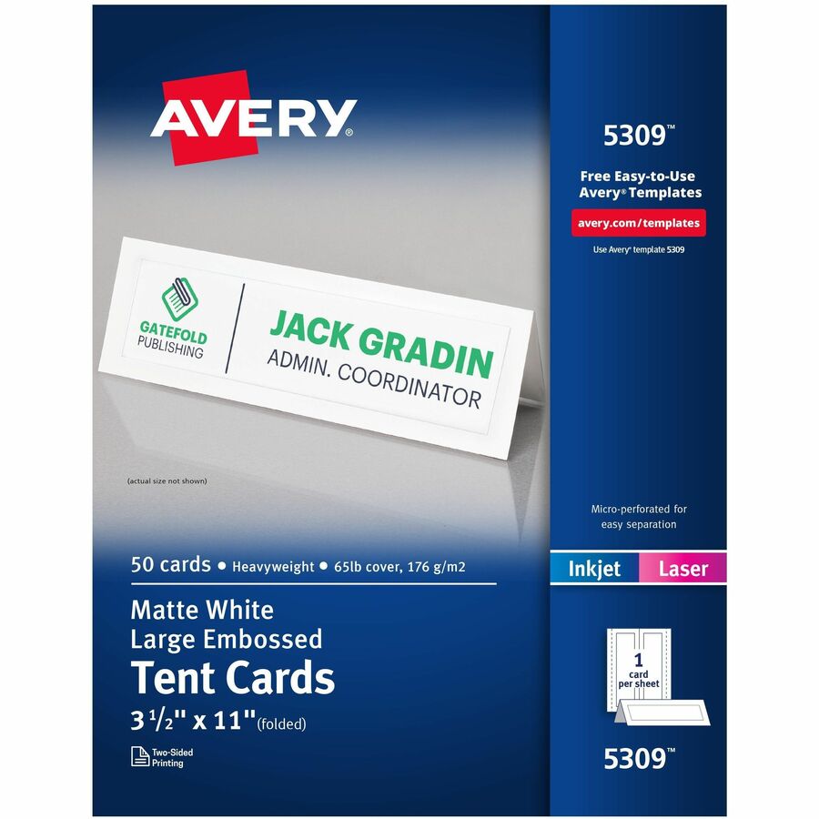 Avery&reg, Tent Cards, 3.5" x 11" , Embossed Border, 50ct (5309) - 97 Brightness - 3 1/2" x 11" - 65 lb Basis Weight - 176 g/m², Grammage - Matte - Perforated, Heavyweight, Rounded Corner, Smudge-free, Jam-free, Embossed, Printable, Double-sided, P...