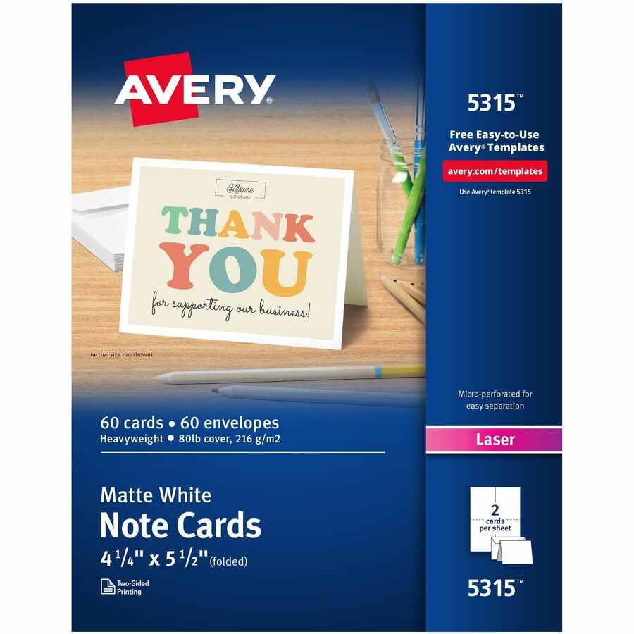 Avery&reg, Printable Note Cards, Two-Sided Printing, 4-1/4" x 5-1/2" , 60 Cards (5315) - 97 Brightness - 4 1/4" x 5 1/2" - 80 lb Basis Weight - 216 g/m², Grammage - Matte - Perforated, Heavyweight, Rounded Corner, Jam-free, Smudge-free, Micro Perfo...