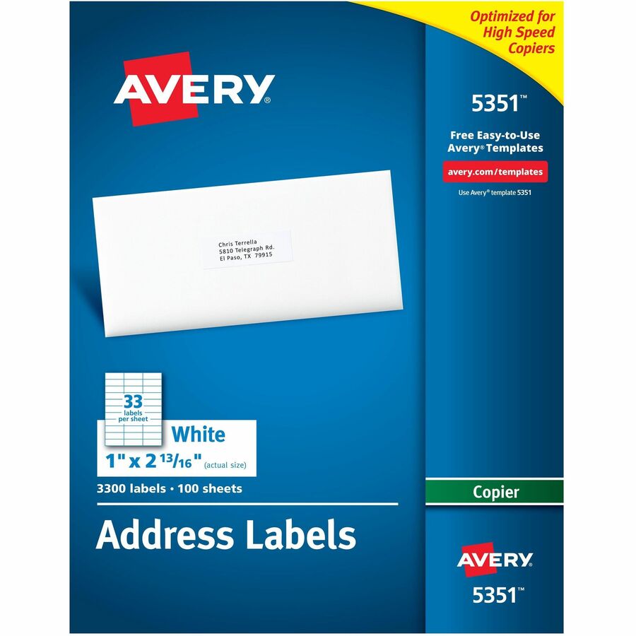 Avery&reg, Copier Address Labels - 1" Width x 2 13/16" Length - Permanent Adhesive - Rectangle - Matte - White - Paper - 33 / Sheet - 100 Total Sheets - 3300 Total Label(s) - 3300 / Box