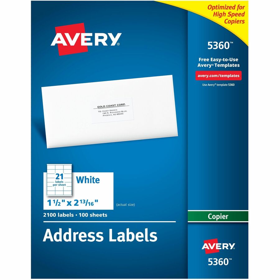 Avery&reg, Copier Address Labels - 1 1/2" Width x 2 13/16" Length - Permanent Adhesive - Rectangle - Matte - White - Paper - 21 / Sheet - 100 Total Sheets - 2100 Total Label(s) - 2100 / Box