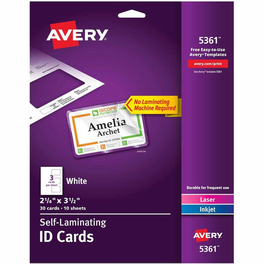 Avery, Self-laminating ID Cards - 2" Width x 3.3" Height - Self Sticking - Laminated, Perforated, Printable, Durable, Perforated, Self-adhesive - Card, Tile - Card Stock - White - 30 / Box