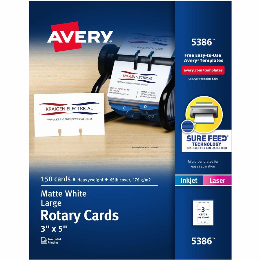 Avery&reg, Uncoated 2-side Printing Rotary Cards - 97 Brightness - Index Card - 3" x 5" - 65 lb Basis Weight - 176 g/m², Grammage - Matte - Perforated, Heavyweight, Double-sided, Printable, Micro Perforated, Smooth Edge, Jam-free, Smudge-free, Recy...