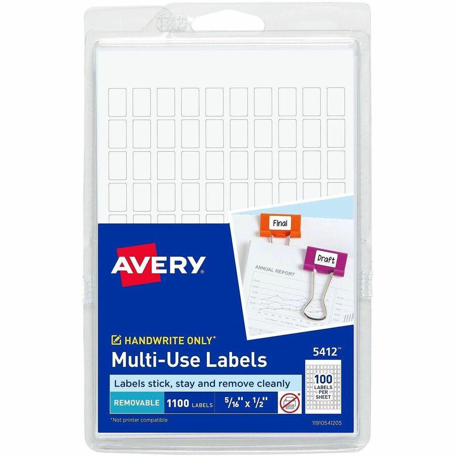 Avery&reg, Removable ID Labels - 5/16" Width x 1/2" Length - Removable Adhesive - Rectangle - White - Paper - 1000 / Pack