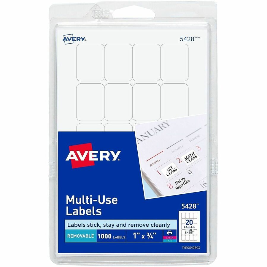 Avery&reg, Removable ID Labels - 1" Width x 3/4" Length - Removable Adhesive - Rectangle - Laser, Inkjet - White - 1000 / Pack
