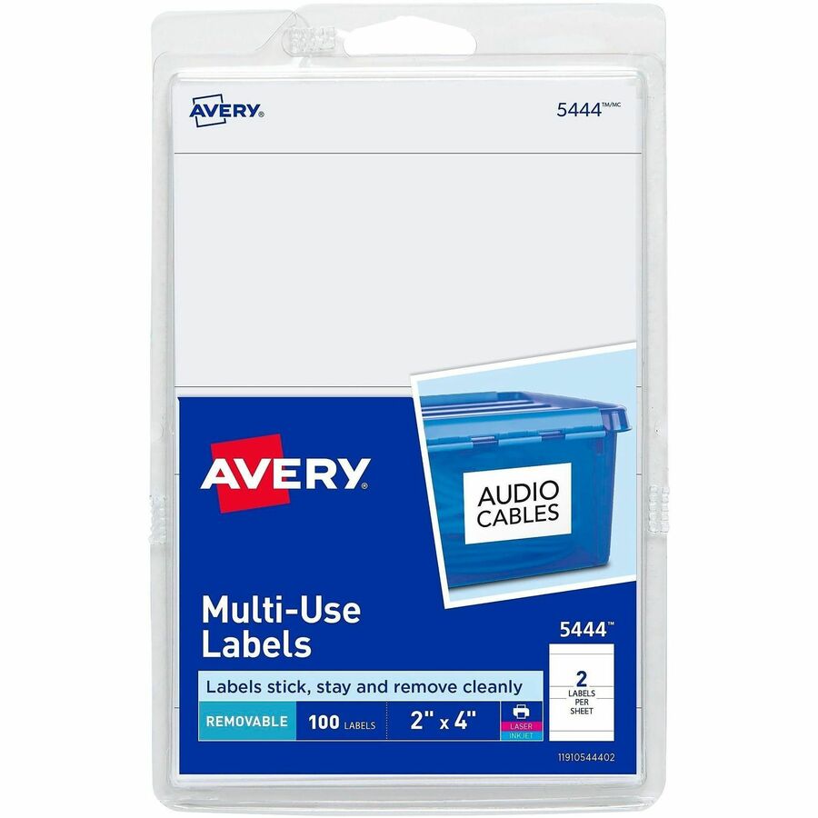 Avery&reg, Removable ID Labels - 4" Width x 2" Length - Removable Adhesive - Rectangle - Laser, Inkjet - White - 100 / Pack