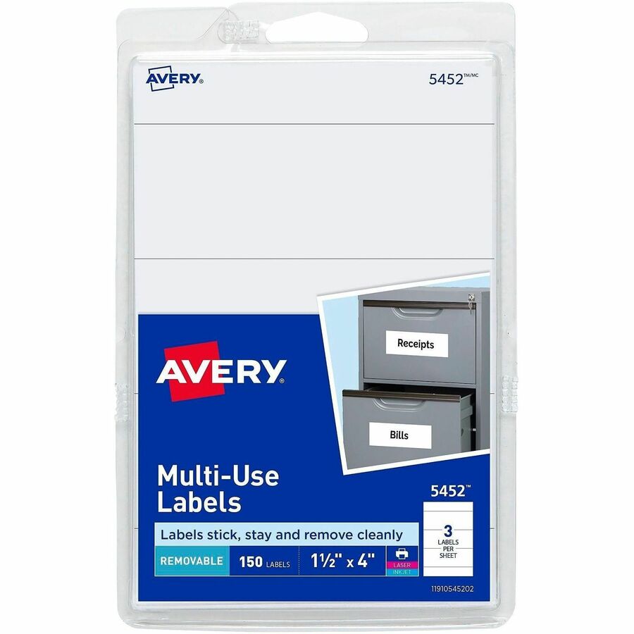 Avery&reg, Removable ID Labels - 4" Width x 1 1/2" Length - Removable Adhesive - Rectangle - Laser, Inkjet - White - 150 / Pack