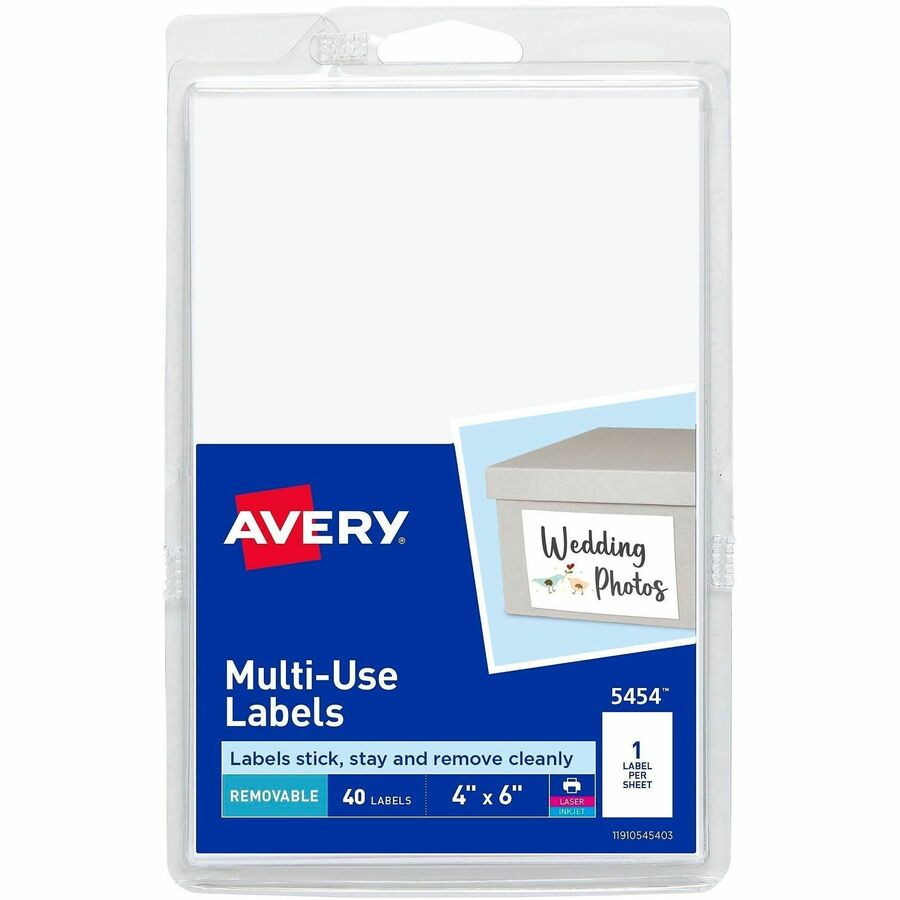 Avery&reg, Removable ID Labels - 6" Width x 4" Length - Removable Adhesive - Rectangle - Laser, Inkjet - White - 40 / Pack