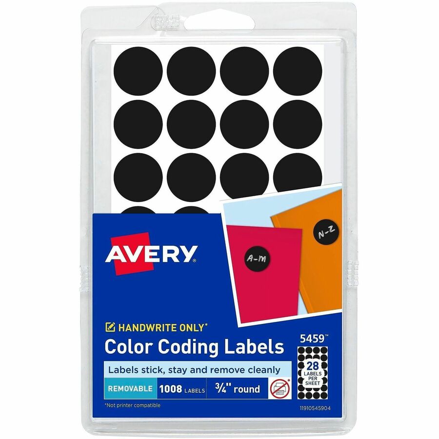 Avery&reg, Color-Coding Labels - 3/4" Diameter - Removable Adhesive - Round - Laser, Inkjet - Black - Paper - 28 / Sheet - 1008 / Pack