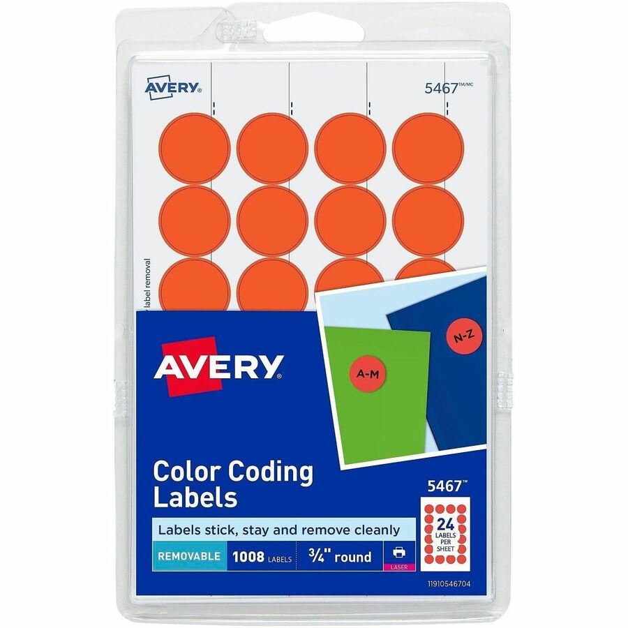 Avery&reg, Color-Coding Labels - 3/4" Diameter - Removable Adhesive - Round - Laser - Neon Red - 24 / Sheet - 1008 / Pack