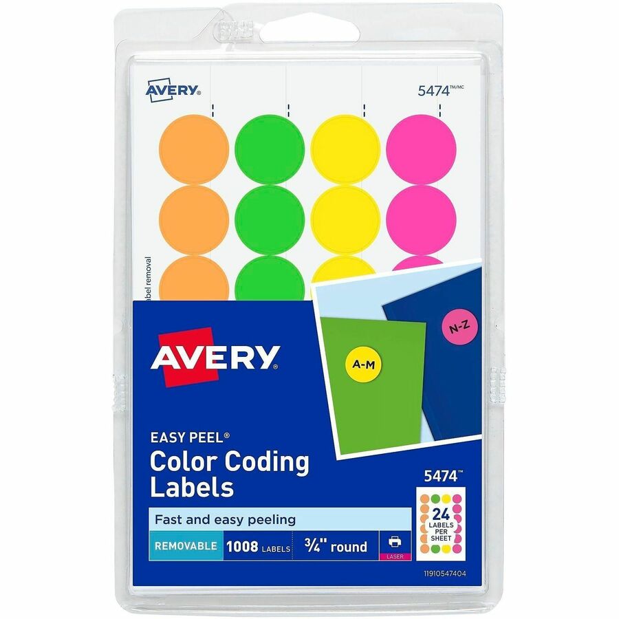Avery&reg, Color Coded Label - 3/4" Diameter - Removable Adhesive - Round - Laser - Matte - Neon Green, Neon Orange, Neon Pink, Neon Yellow - Paper - 24 / Sheet - 42 Total Sheets - 1008 Total Label(s) - 1008 / Pack