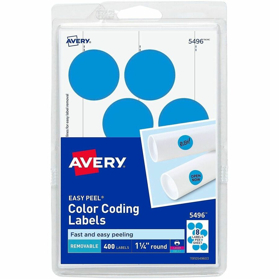 Avery&reg, 1-1/4" Color-Coding Labels - 1 1/4" Diameter - Removable Adhesive - Round - Laser, Inkjet - Light Blue - 12 / Sheet - 400 / Pack