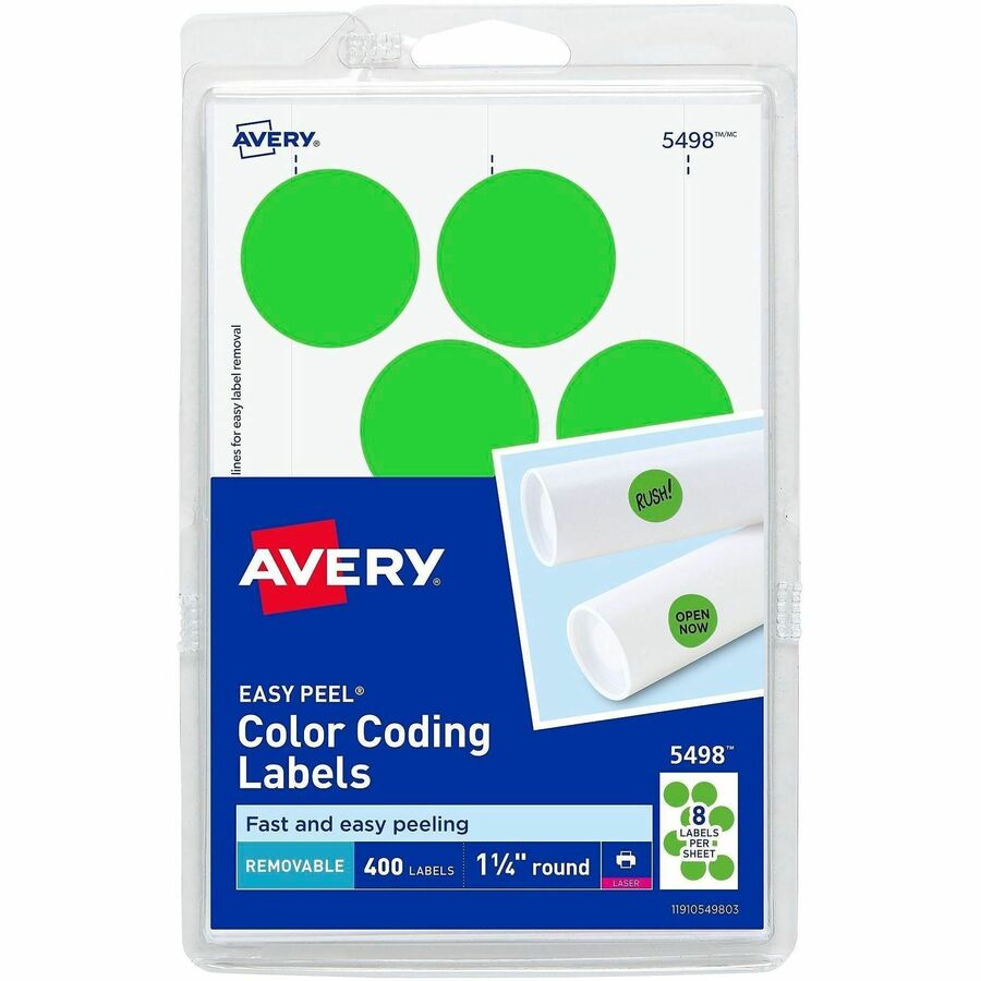 Avery&reg, 1-1/4" Color-Coding Labels - 1 1/4" Diameter - Removable Adhesive - Round - Laser - Neon Green - 12 / Sheet - 400 / Pack