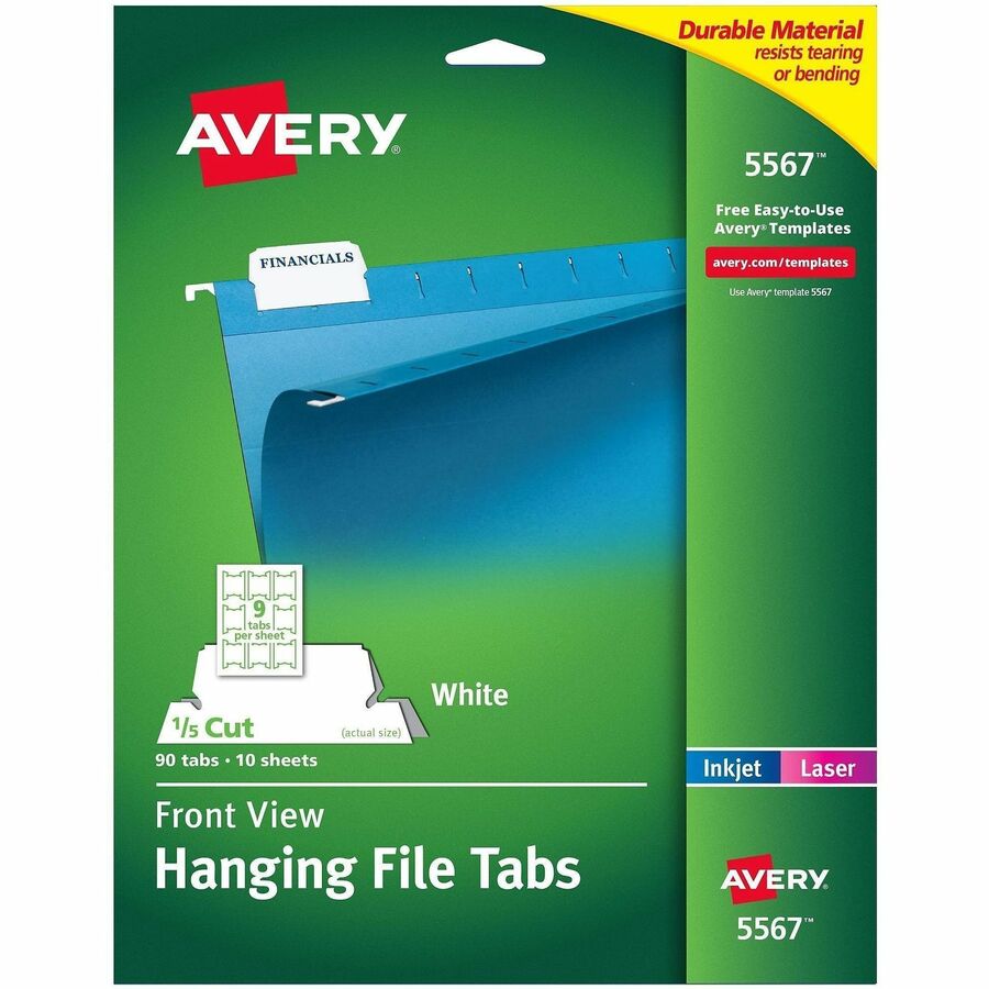 Avery&reg, Print/Write On Hanging File Tabs - 1/5 - Letter - 8.50" Width x 11" Length - Permanent - Matte White Film Tab(s) - Durable, Tear Resistant, Bend Resistant, Permanent Adhesive, Printable, Customizable, Sturdy - 90 / Pack