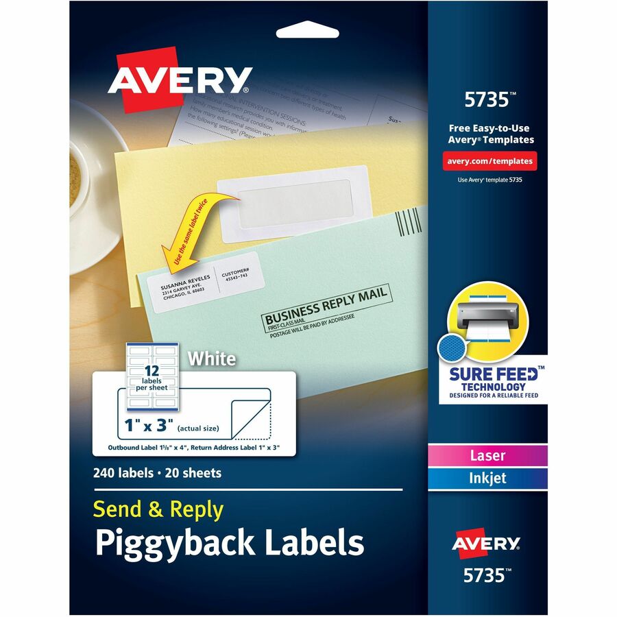 Avery&reg, Send & Reply Piggyback Labels - 1" Width x 3" Length - Permanent Adhesive - Rectangle - Inkjet, Laser - Matte - White - Paper - 12 / Sheet - 20 Total Sheets - 240 Total Label(s) - 240 / Pack