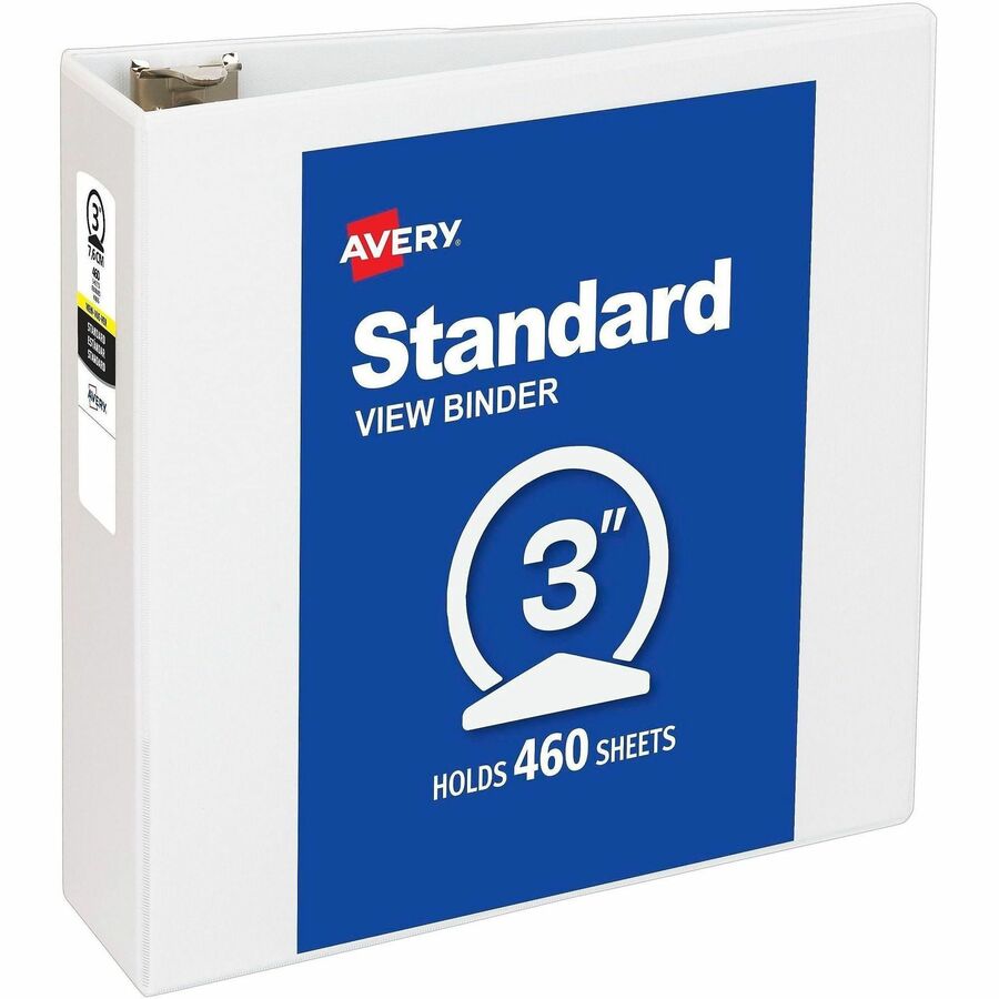 Avery&reg, Economy View Binder - 3" Binder Capacity - Letter - 8 1/2" x 11" Sheet Size - 460 Sheet Capacity - 3 Ring - Fastener: Round Ring - Pocket: 2, Internal - Vinyl - White - 1.79 lb - Gap-free Ring, Rivet, Clear Overlay, Non Locking Mechanism - 1...