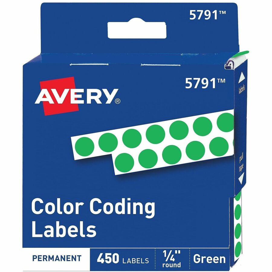 Avery&reg, 1/4" Color-Coding Labels - 1/4" Diameter - Permanent Adhesive - Round - Green - 450 / Pack