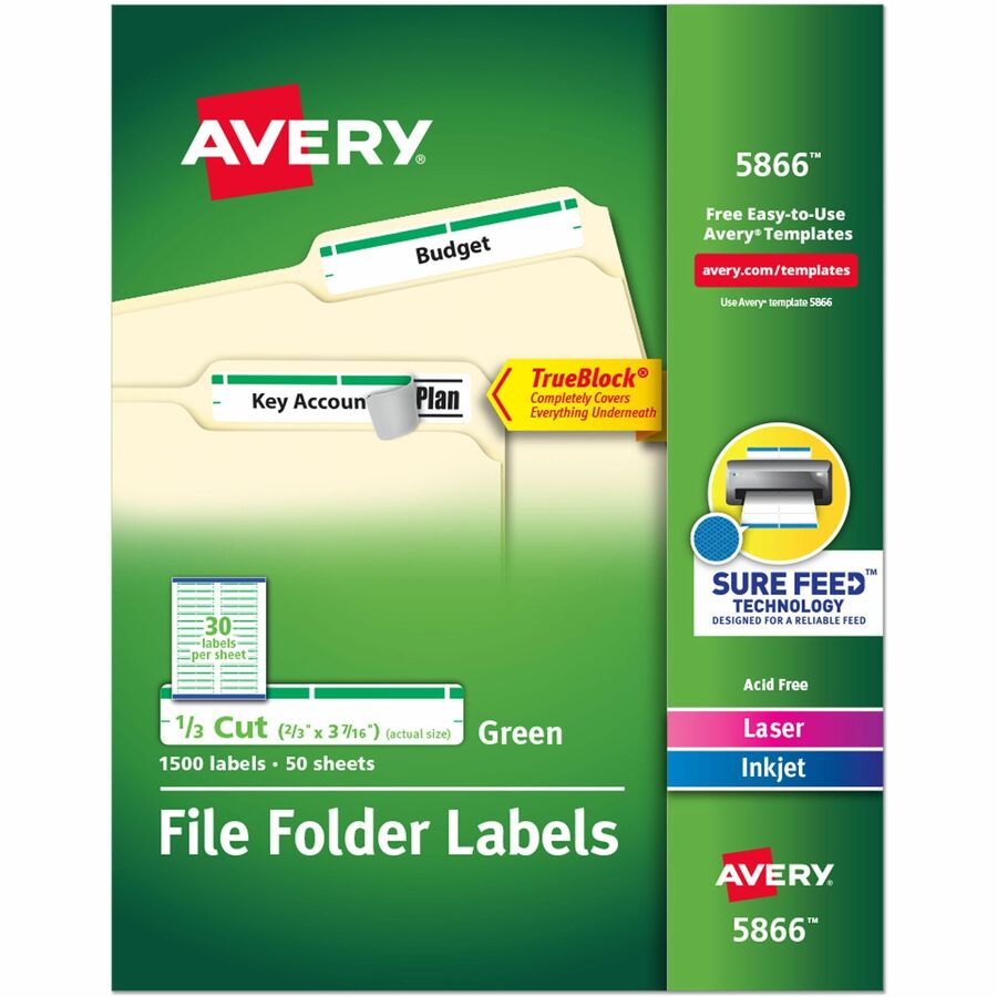 Avery&reg, TrueBlock File Folder Labels - 2/3" Width x 3 7/16" Length - Permanent Adhesive - Rectangle - Inkjet, Laser - Matte - Green - Paper - 30 / Sheet - 50 Total Sheets - 1500 Total Label(s) - 1500 / Box