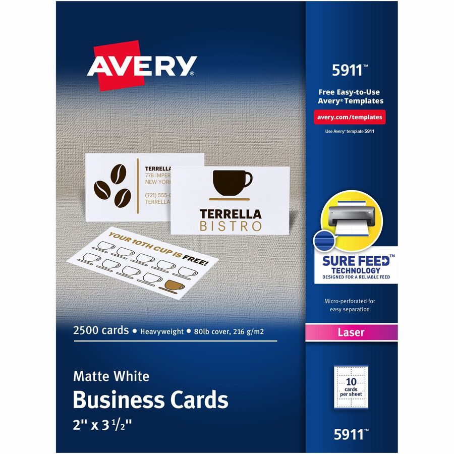Avery&reg, Perforated Business Cards for Laser Printers, 2" x 3�" - 97 Brightness - A4 - 8 1/2" x 11" - 80 lb Basis Weight - 216 g/m², Grammage - Matte - Perforated, Heavyweight, Jam-free, Smooth Edge, Uncoated, Perforated, Recyclable, Biodegradabl...