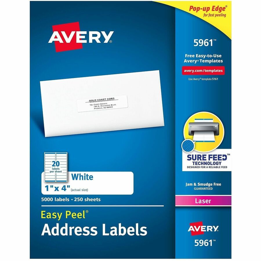 Avery&reg, Easy Peel Address Labels, 1" x 4" , 5,000 White Labels (5961) - x 1" Width x 4" Length - Permanent Adhesive - Rectangle - Laser - Matte - White - Paper - 20 / Sheet - 250 Total Sheets - 5000 Total Label(s) - For Label Printer - 5000 / Box