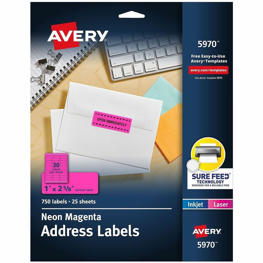 Avery&reg, Address Label - x 1" Width x 2 5/8" Length - Permanent Adhesive - Rectangle - Laser, Inkjet - Matte - Neon Magenta - Paper - 30 / Sheet - 25 Total Sheets - 750 Total Label(s) - For Label Maker - 750 / Pack