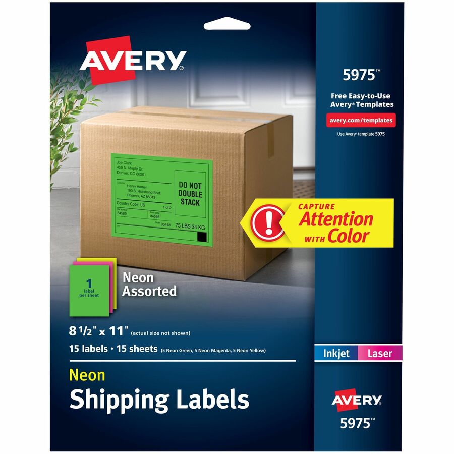 Avery&reg, Assorted Neon Shipping Labels, 8-1/2" x 11" , 15 Labels (5975) - - DiameterFull Sheet - Permanent Adhesive - Rectangle - Laser, Inkjet - Matte - Neon Magenta, Neon Green, Neon Yellow - Paper - 1 / Sheet - 15 Total Sheets - 15 Total Label(s)...