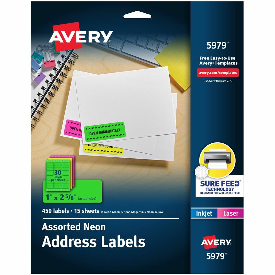 Avery&reg, Shipping Labels - x 1" Width x 2 5/8" Length - Permanent Adhesive - Rectangle - Laser, Inkjet - Matte - Neon Magenta, Neon Green, Neon Yellow - Paper - 30 / Sheet - 15 Total Sheets - 450 Total Label(s) - For Label Printer - 450 / Pack