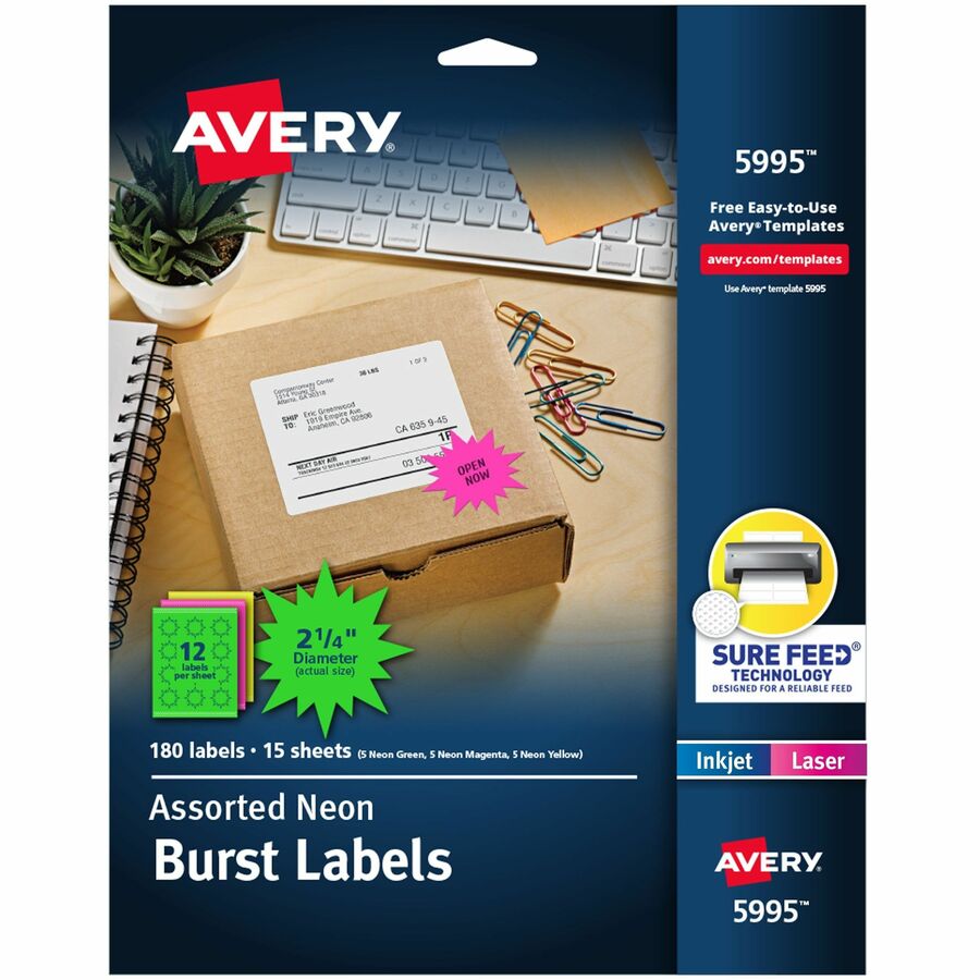 Avery&reg, Neon Burst Labels - x 2 1/4" Diameter - Permanent Adhesive - Burst - Laser, Inkjet - Matte - Neon Magenta, Neon Green, Neon Yellow - Paper - 12 / Sheet - 15 Total Sheets - 180 Total Label(s) - For Label Printer - 180 / Pack