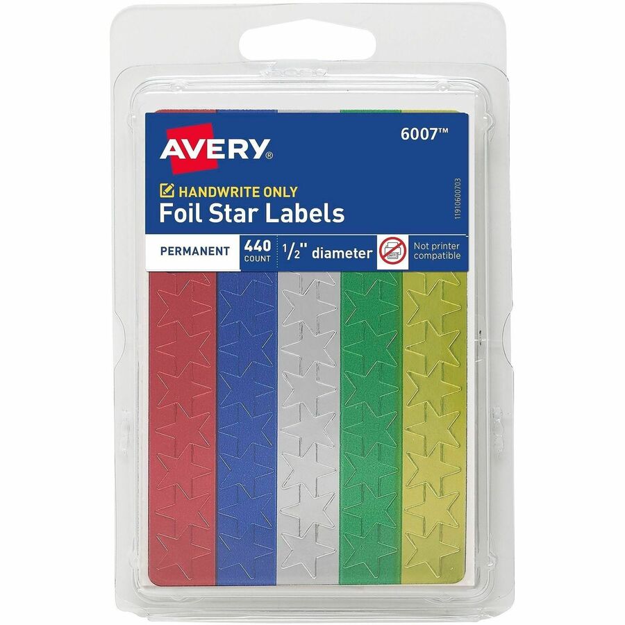 Avery&reg, Assorted Foil Star Labels - Learning Theme/Subject - Star Shape - Permanent Adhesive - 0.50" Height - Red, Blue, Silver, Green, Gold - Paper - 440 / Pack