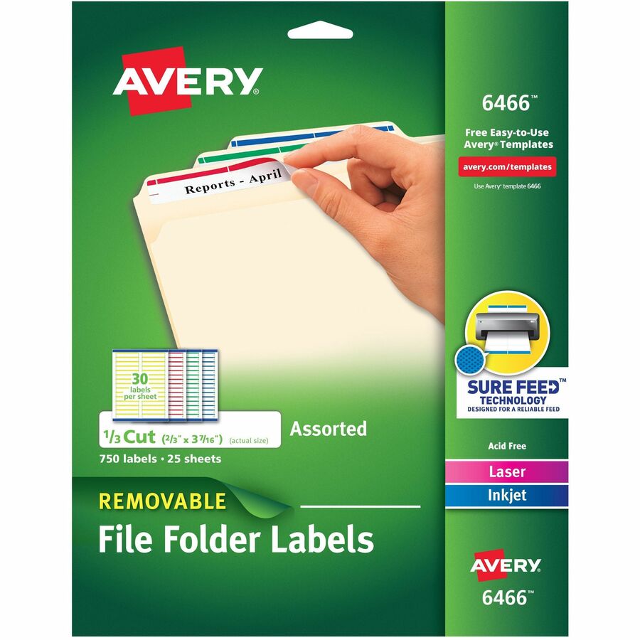 Avery&reg, Removable Laser/Inkjet Filing Labels - 2/3" Width x 3 7/16" Length - Removable Adhesive - Rectangle - Inkjet, Laser - Matte - Blue, Green, Red, White, Yellow - Paper - 30 / Sheet - 25 Total Sheets - 750 Total Label(s) - 750 / Pack