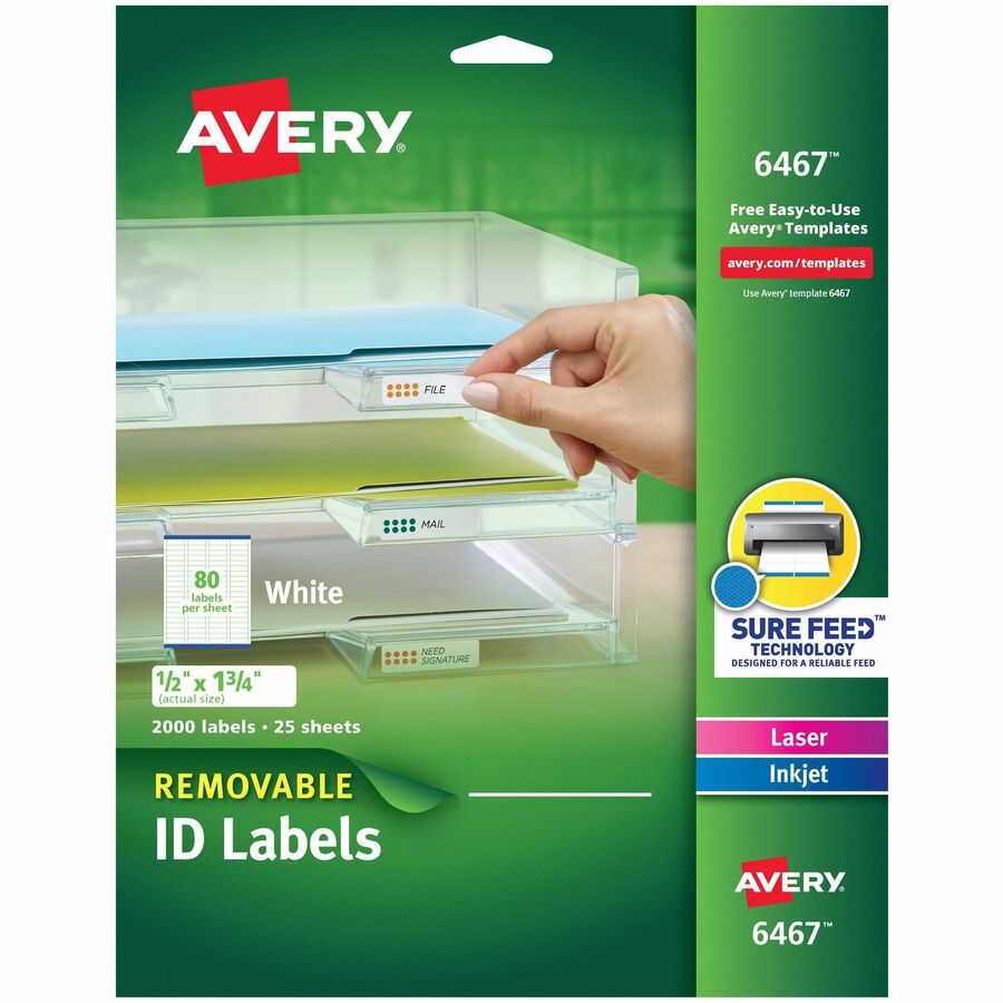 Avery&reg, Removable I.D. Laser/Inkjet Labels - 1/2" Width x 1 3/4" Length - Removable Adhesive - Rectangle - Inkjet, Laser - White - Paper - 80 / Sheet - 25 Total Sheets - 2000 Total Label(s) - 2000 / Pack
