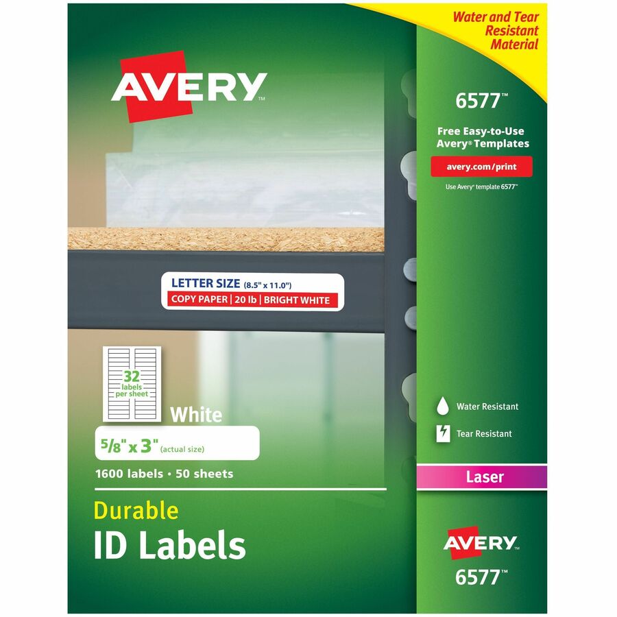 Avery&reg, Permanent Durable ID Laser Labels - Waterproof - 5/8" Width x 3" Length - Permanent Adhesive - Rectangle - Laser - Matte - White - Film - Water Resistant - 32 / Sheet - 50 Total Sheets - 1600 Total Label(s) - 1600 / Pack